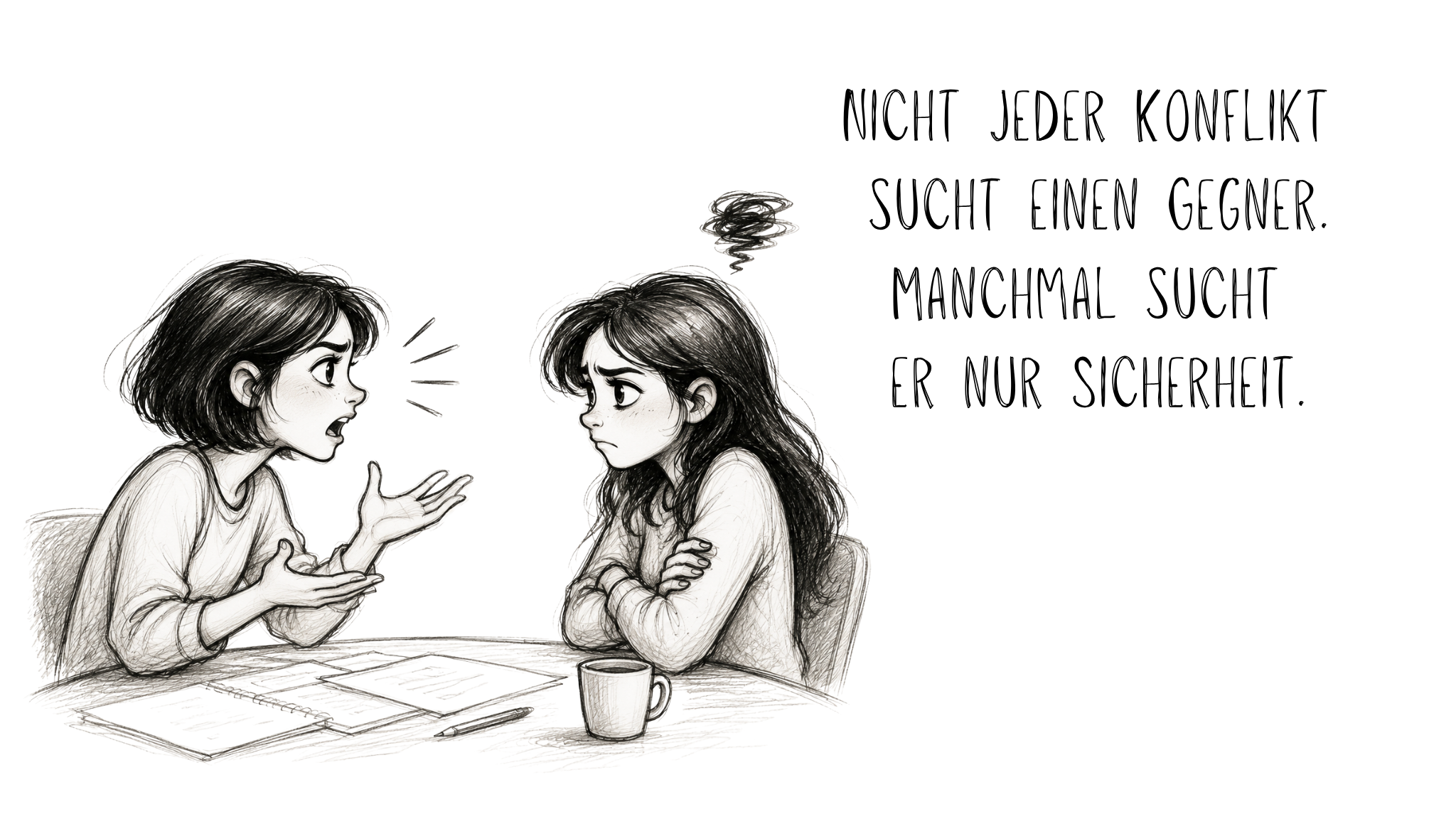 Illustration einer Konfliktsituation zwischen zwei Frauen. Das Bild veranschaulicht psychologische Sicherheit, Kommunikation, Selbstschutz und neuropsychologische Reaktionen in zwischenmenschlichen Gesprächen.