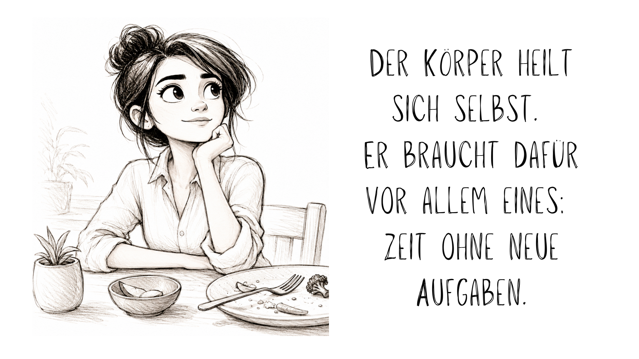 Bleistiftzeichnung einer nachdenklichen Frau am Esstisch mit dem Zitat: „Der Körper heilt sich selbst. Er braucht dafür vor allem eines: Zeit ohne neue Aufgaben.“