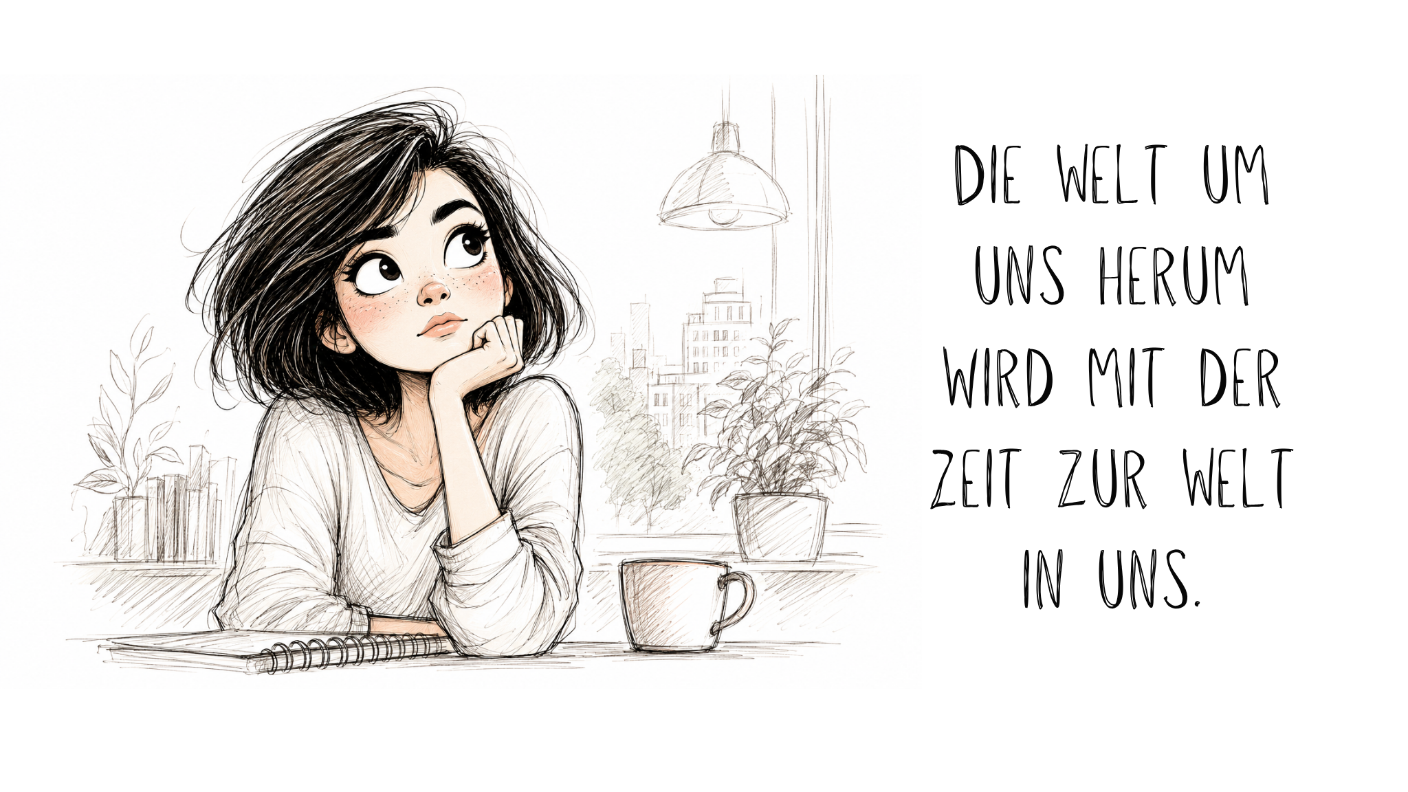 Nachdenkliche Frau sitzt an einem Tisch vor einem Fenster mit Pflanzen und Stadtblick. Die Illustration symbolisiert, wie unsere Umgebung Denken, Verhalten und Gesundheit prägt.