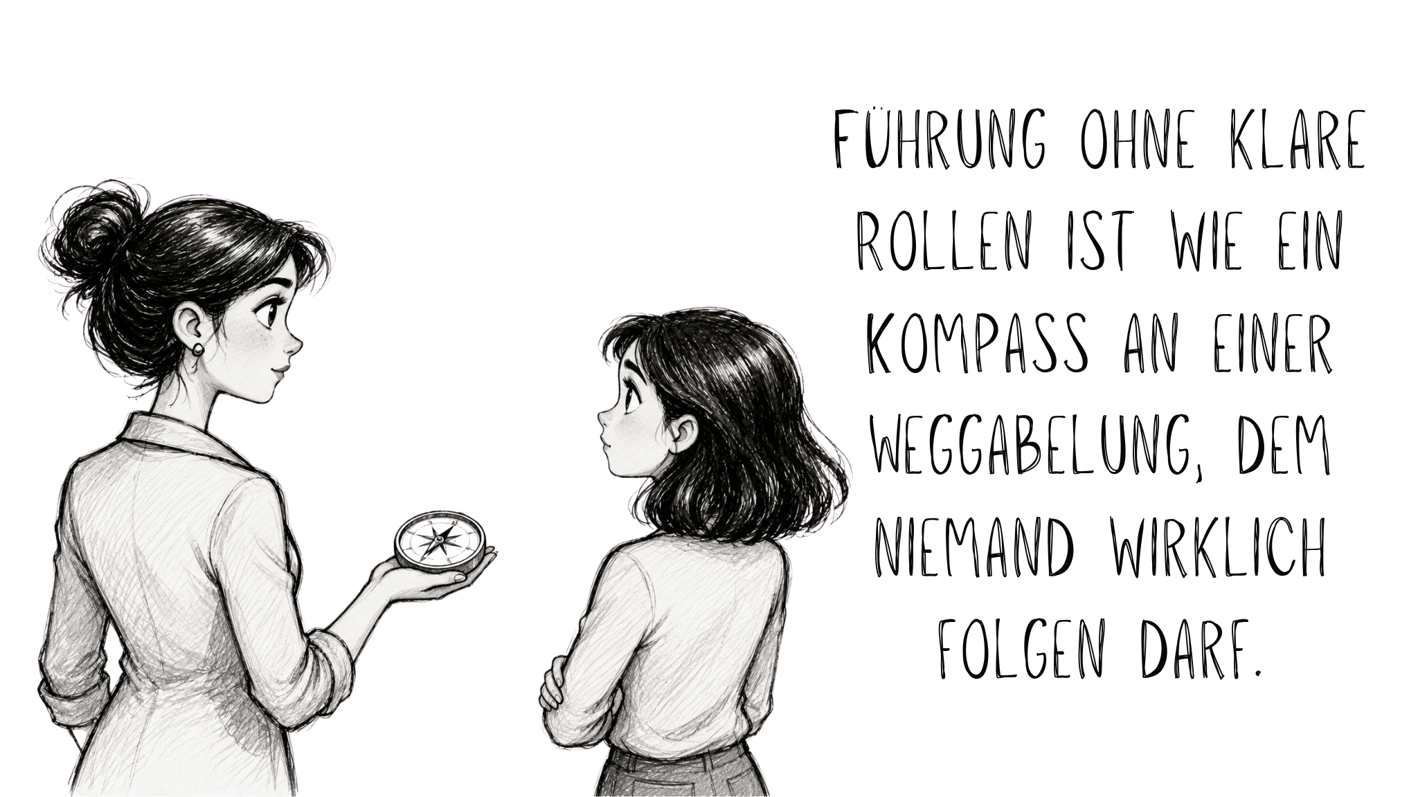 Schwarz-weiße Illustration im Skizzenstil: Eine Fachfrau hält einer Mitarbeiterin an einer Weggabelung einen Kompass hin. Daneben steht der Text „Führung ohne klare Rollen ist wie ein Kompass an einer Weggabelung, dem niemand wirklich folgen darf.“