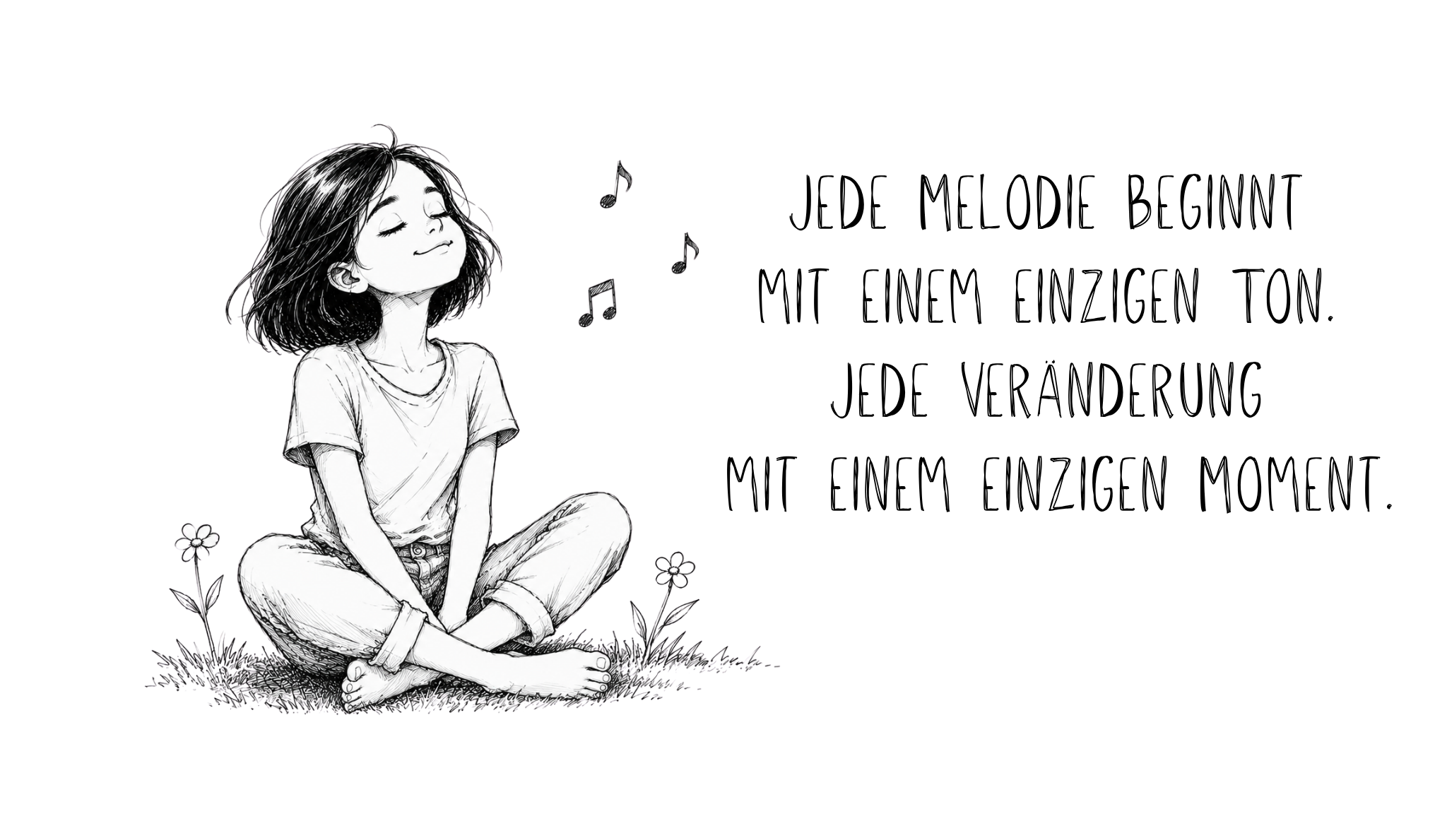 Handgezeichnete Schwarz-Weiß-Illustration eines lächelnden Mädchens, das entspannt im Schneidersitz auf einer Wiese sitzt und die Augen geschlossen hat. Über ihr schweben Musiknoten, neben ihr wachsen kleine Blumen. Rechts daneben steht der motivierende Spruch: „Jede Melodie beginnt mit einem einzigen Ton. Jede Veränderung mit einem einzigen Moment."