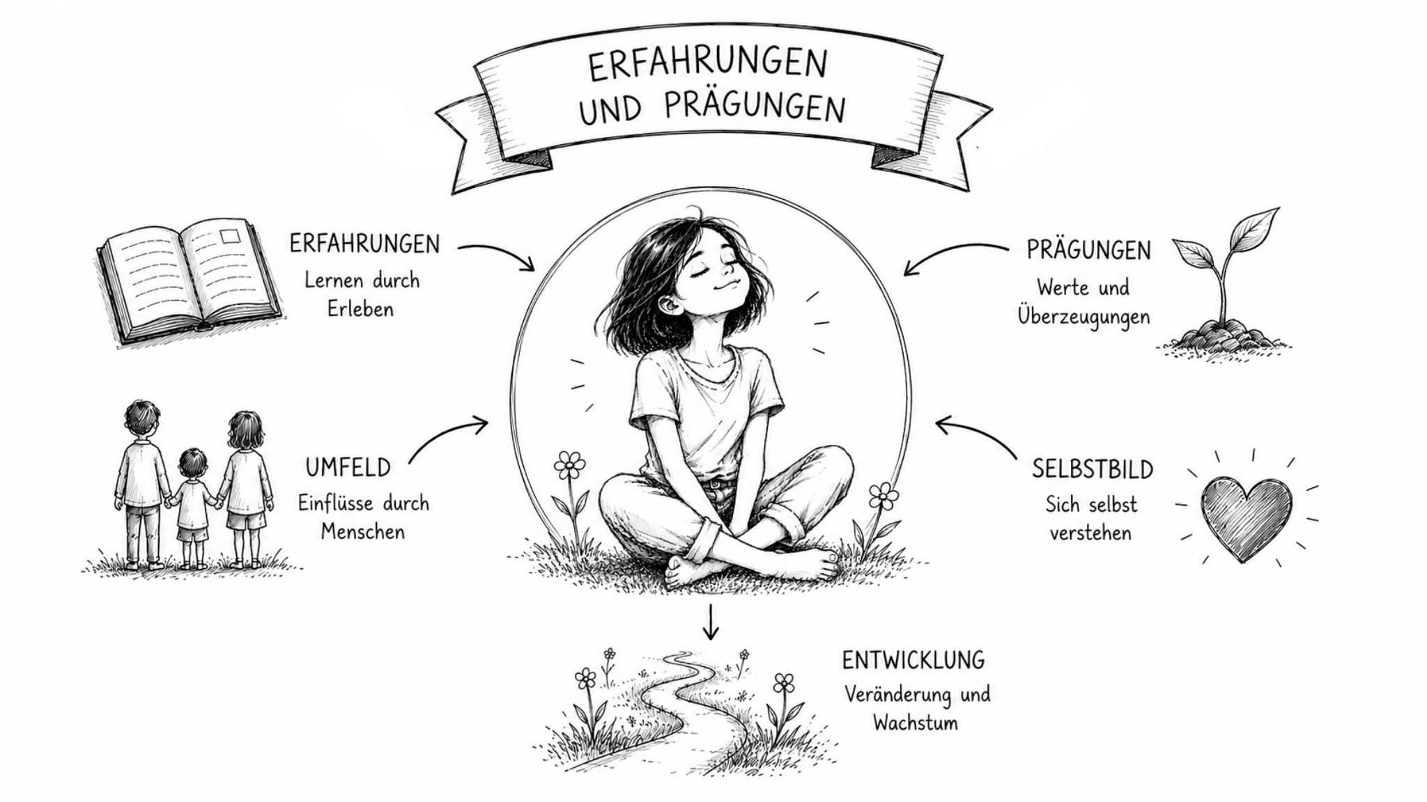 Infografik zum Thema „Erfahrungen und Prägungen“. Im Zentrum sitzt eine entspannte Person im Schneidersitz. Pfeile verbinden sie mit den Bereichen „Erfahrungen“ (Lernen durch Erleben), „Prägungen“ (Werte und Überzeugungen), „Umfeld“ (Einflüsse durch Menschen) und „Selbstbild“ (Sich selbst verstehen). Ein Pfeil nach unten führt zu „Entwicklung“ mit dem Hinweis „Veränderung und Wachstum“. Die Grafik verdeutlicht, wie Kindheitserfahrungen und das soziale Umfeld die persönliche Entwicklung beeinflussen.