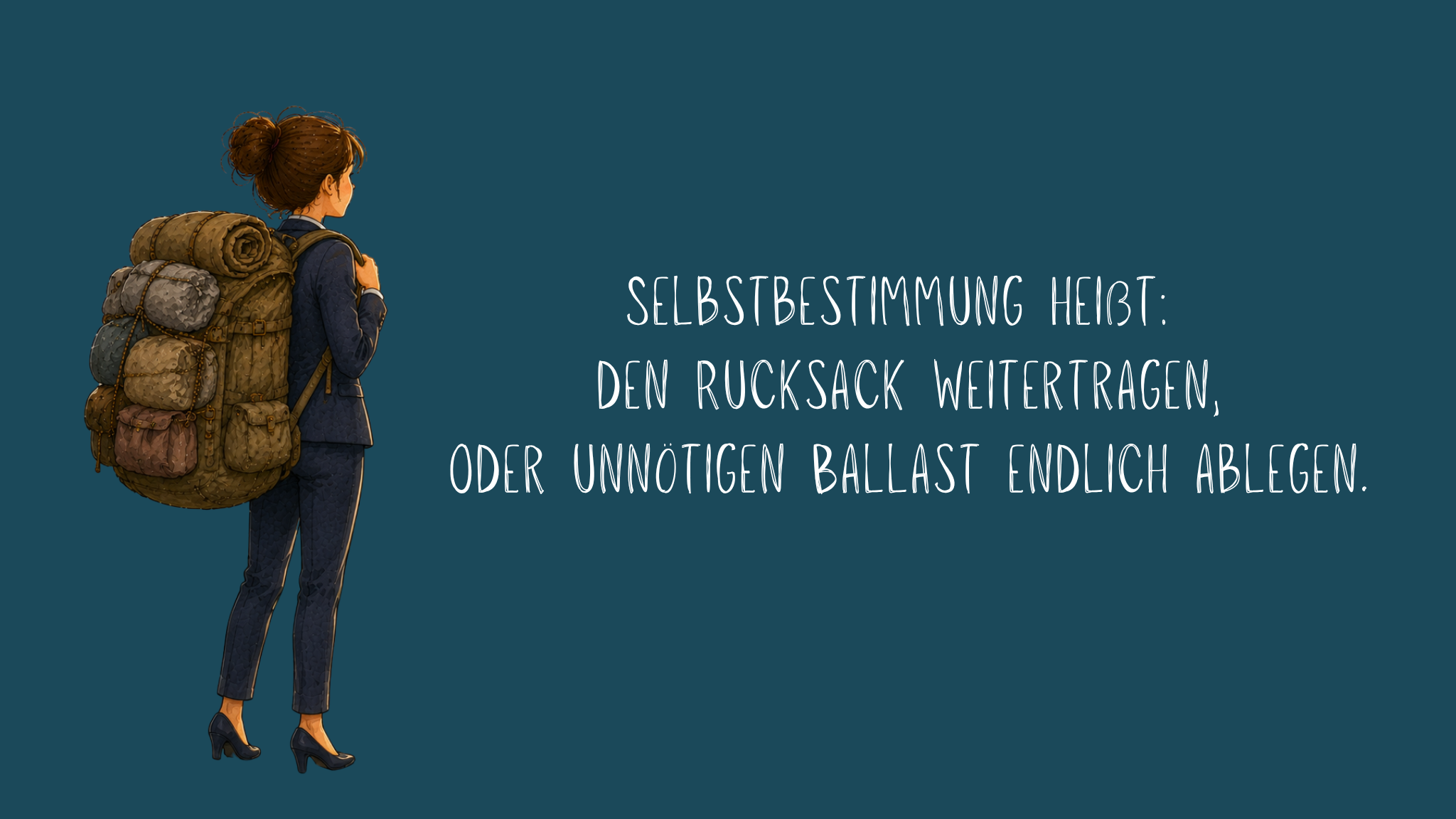 Illustration einer Frau von hinten mit einem sehr großen, überladenen Rucksack, aus dem mehrere zusammengerollte Decken und Taschen herausragen. Rechts daneben steht auf dunkelblauem Hintergrund der Text: „Selbstbestimmung heißt: Den Rucksack weitertragen, oder unnötigen Ballast endlich ablegen.“ Die Darstellung symbolisiert die freie Entscheidung, Belastungen beizubehalten oder loszulassen.