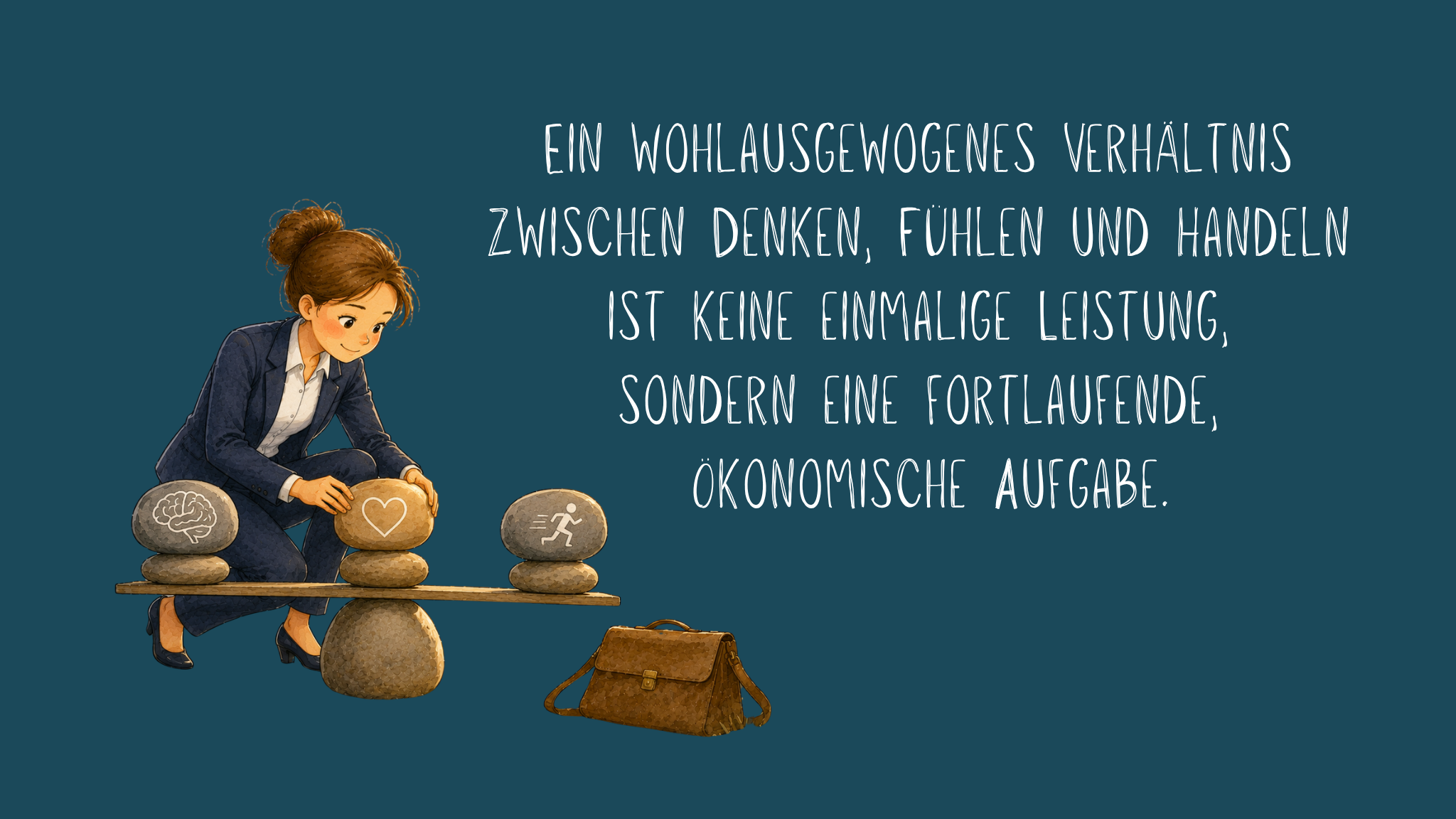 Illustration einer knienden Frau, die Steine auf einer Wippe sorgfältig ausbalanciert. Die Steine tragen Symbole für Gehirn (Denken), Herz (Fühlen) und eine laufende Person (Handeln). Daneben liegt eine Aktentasche. Rechts steht auf dunkelblauem Hintergrund der Text: „Ein wohlausgewogenes Verhältnis zwischen Denken, Fühlen und Handeln ist keine einmalige Leistung, sondern eine fortlaufende, ökonomische Aufgabe.“ Die Illustration verdeutlicht, dass innere Balance ein kontinuierlicher Prozess ist.