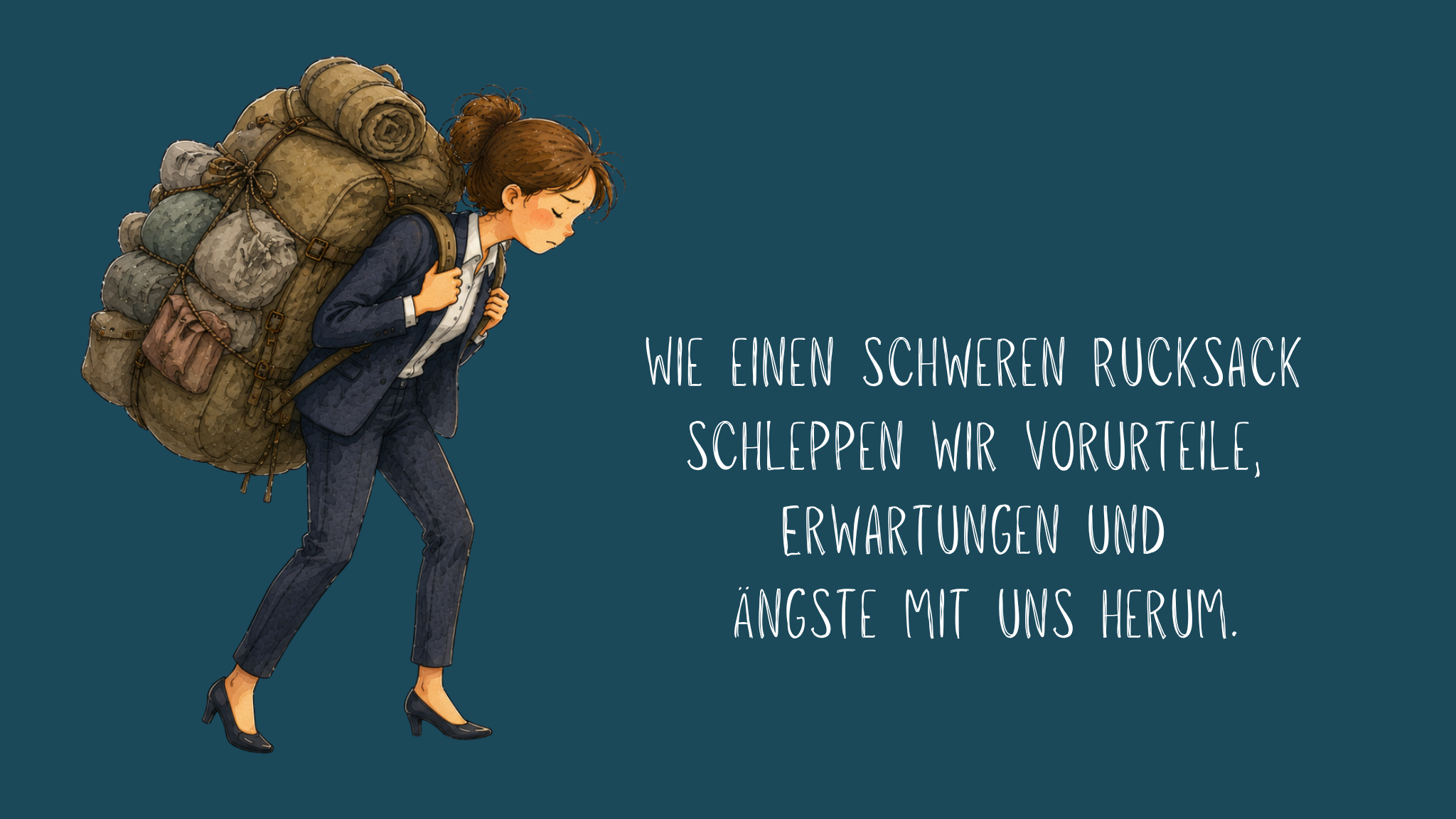 Illustration einer erschöpft wirkenden Frau, die einen übergroßen, schweren Rucksack mit zahlreichen Taschen und zusammengerollten Decken auf dem Rücken trägt. Sie geht nach vorne gebeugt und hält die Schultergurte fest. Rechts steht auf dunkelblauem Hintergrund der Text: „Wie einen schweren Rucksack schleppen wir Vorurteile, Erwartungen und Ängste mit uns herum.“ Die Illustration verdeutlicht, wie innere Belastungen das Leben erschweren können.