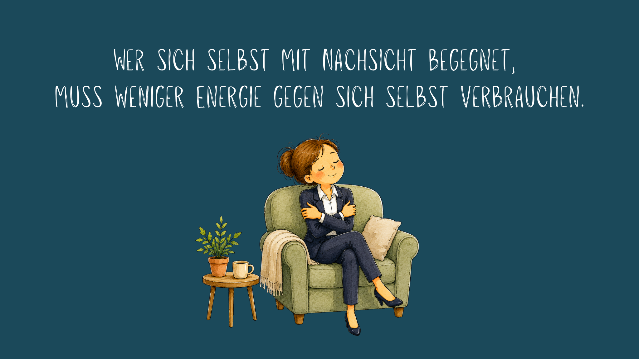 Illustration einer entspannt wirkenden Frau, die mit geschlossenen Augen und einem sanften Lächeln in einem gemütlichen Sessel sitzt und sich selbst umarmt. Neben ihr stehen auf einem kleinen Beistelltisch eine Zimmerpflanze und eine Tasse. Oben auf dunkelblauem Hintergrund steht der Text: „Wer sich selbst mit Nachsicht begegnet, muss weniger Energie gegen sich selbst verbrauchen.“ Die Illustration symbolisiert Selbstmitgefühl, innere Ruhe und einen wertschätzenden Umgang mit sich selbst.