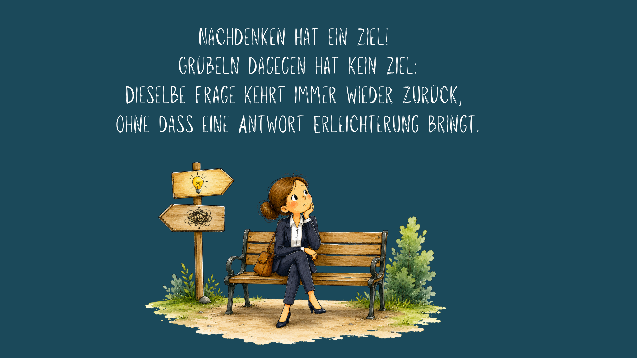 Illustration einer nachdenklich wirkenden Frau, die auf einer Parkbank sitzt und den Kopf auf eine Hand stützt. Neben der Bank steht ein Wegweiser mit zwei Pfeilen: Der obere zeigt eine leuchtende Glühbirne als Symbol für zielgerichtetes Nachdenken, der untere ein wirres Knäuel als Symbol für Grübeln. Umgeben von Pflanzen und Sträuchern steht die Szene vor einem dunkelblauen Hintergrund. Darüber der Text: „Nachdenken hat ein Ziel! Grübeln dagegen hat kein Ziel: Dieselbe Frage kehrt immer wieder zurück, ohne dass eine Antwort Erleichterung bringt.“ Die Illustration verdeutlicht den Unterschied zwischen lösungsorientiertem Nachdenken und belastendem Grübeln.