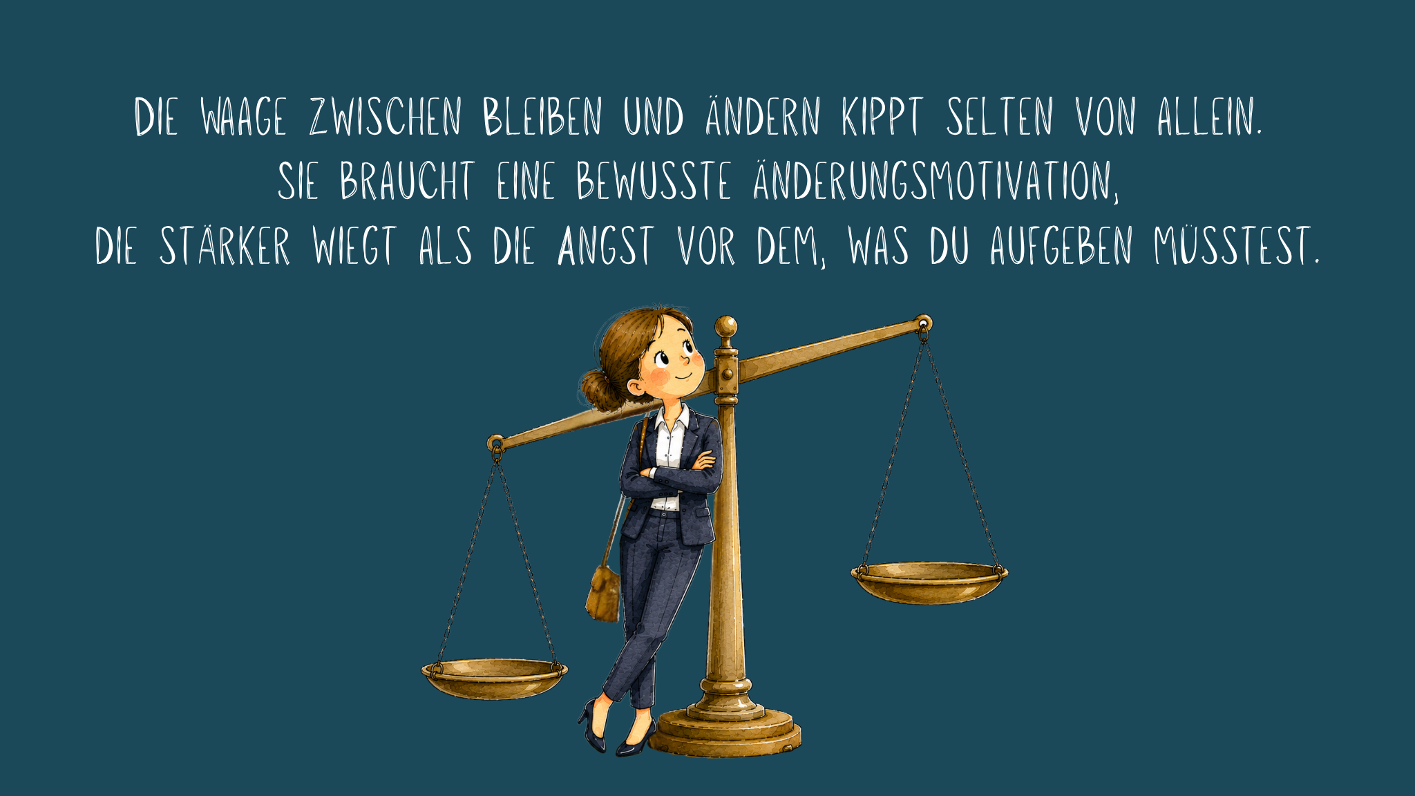 Illustration einer Frau, die entspannt und nachdenklich an einer großen Waage lehnt. Die Waagschalen sind unterschiedlich hoch und symbolisieren das Abwägen zwischen Verbleiben und Veränderung. Oben auf dunkelblauem Hintergrund steht der Text: „Die Waage zwischen Bleiben und Ändern kippt selten von allein. Sie braucht eine bewusste Änderungsmotivation, die stärker wiegt als die Angst vor dem, was du aufgeben müsstest.“ Die Illustration verdeutlicht, dass Veränderungen bewusste Motivation erfordern, die größer ist als die Sorge vor Verlust oder Unsicherheit.