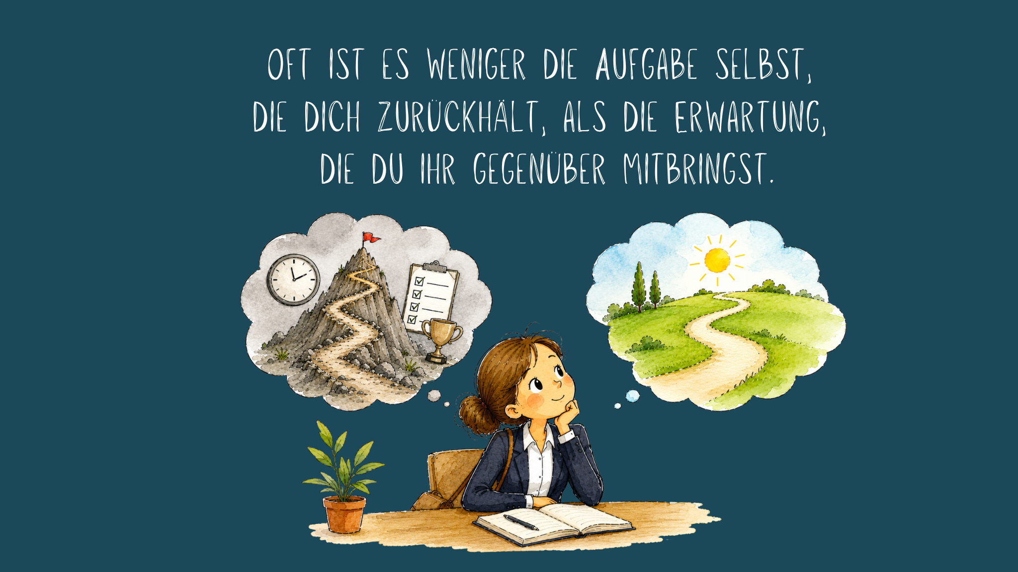 Illustration einer nachdenklichen Frau, die an einem Tisch mit geöffnetem Notizbuch sitzt und den Kopf auf eine Hand stützt. Über ihr sind zwei Gedankenblasen dargestellt: Die linke zeigt einen steilen Berg, eine Uhr, eine Checkliste und einen Pokal als Sinnbild für Leistungsdruck und hohe Erwartungen. Die rechte zeigt einen sonnigen Landschaftsweg als Symbol für einen gelassenen und machbaren Weg. Oben auf dunkelblauem Hintergrund steht der Text: „Oft ist es weniger die Aufgabe selbst, die dich zurückhält, als die Erwartung, die du ihr gegenüber mitbringst.“ Die Illustration verdeutlicht, dass unsere Erwartungen häufig darüber entscheiden, ob wir eine Aufgabe als belastend oder bewältigbar erleben.
