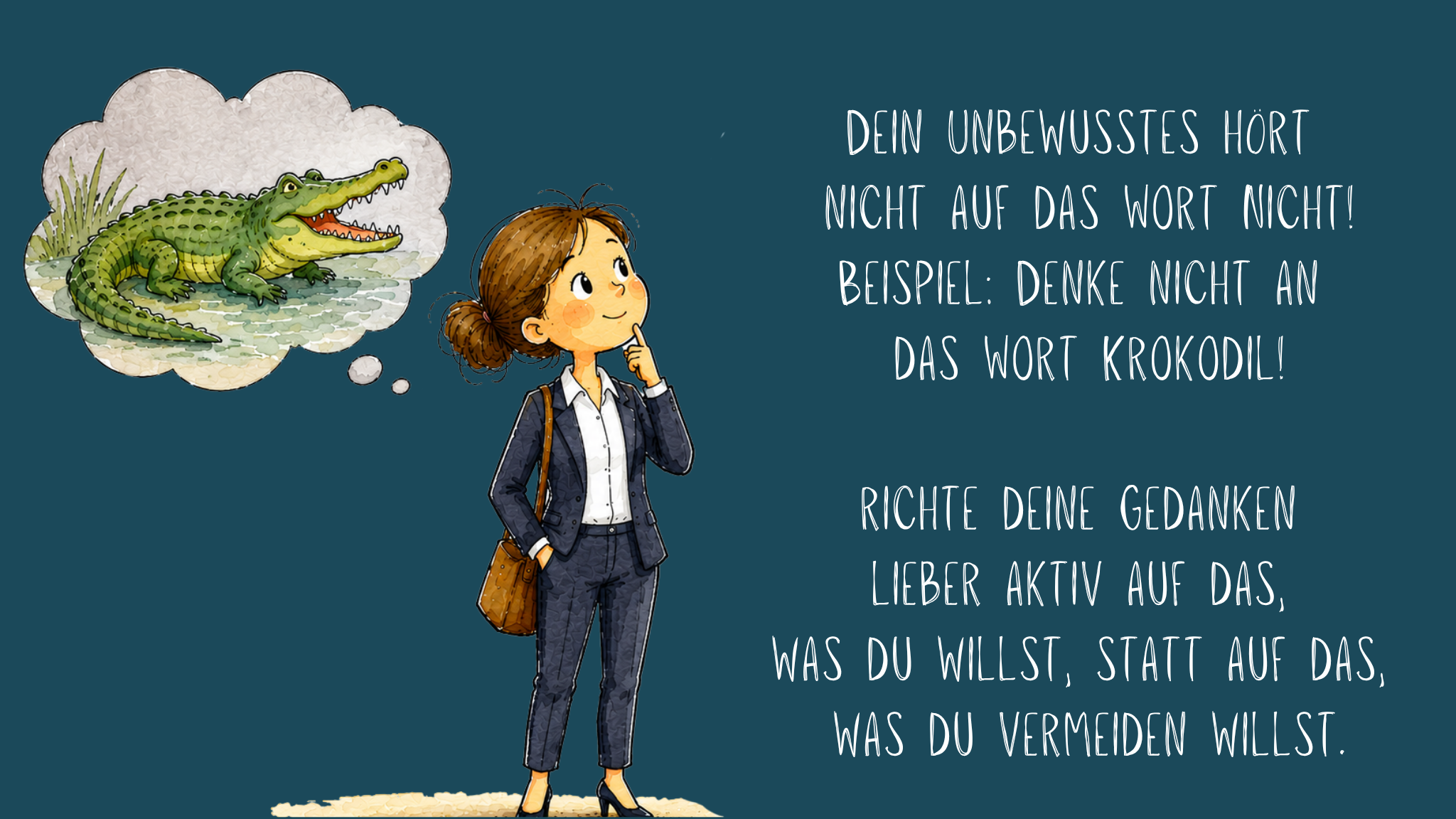 Illustration einer nachdenklichen Frau, die mit einer Hand am Kinn steht. Über ihr befindet sich eine Gedankenblase mit einem Krokodil. Rechts auf dunkelblauem Hintergrund steht der Text: „Dein Unbewusstes hört nicht auf das Wort ‚nicht‘! Beispiel: Denke nicht an das Wort Krokodil! Richte deine Gedanken lieber aktiv auf das, was du willst, statt auf das, was du vermeiden willst.“ Die Illustration verdeutlicht, dass sich Aufmerksamkeit leichter auf gewünschte Ziele als auf das Vermeiden unerwünschter Gedanken richten lässt.