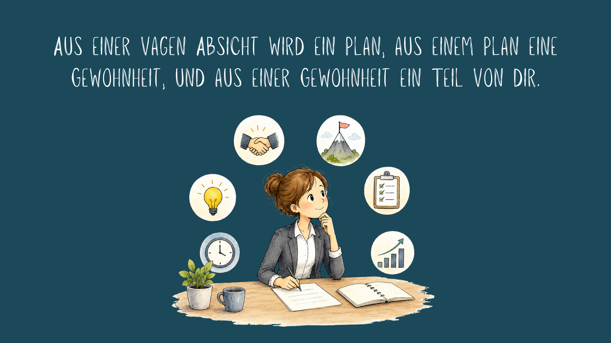 Illustration einer nachdenklichen Frau, die an einem Schreibtisch sitzt und Notizen macht. Um sie herum schweben Symbole für eine Idee (Glühbirne), Zeit (Uhr), Zusammenarbeit (Händedruck), Ziel (Berg mit Fahne), Planung (Checkliste) und Fortschritt (aufsteigendes Diagramm). Auf dem Tisch stehen eine Zimmerpflanze, eine Tasse sowie ein geöffnetes Notizbuch. Oben auf dunkelblauem Hintergrund steht der Text: „Aus einer vagen Absicht wird ein Plan, aus einem Plan eine Gewohnheit, und aus einer Gewohnheit ein Teil von dir.“ Die Illustration verdeutlicht, wie aus einer ersten Idee durch bewusstes Planen und regelmäßiges Handeln langfristige Gewohnheiten entstehen.