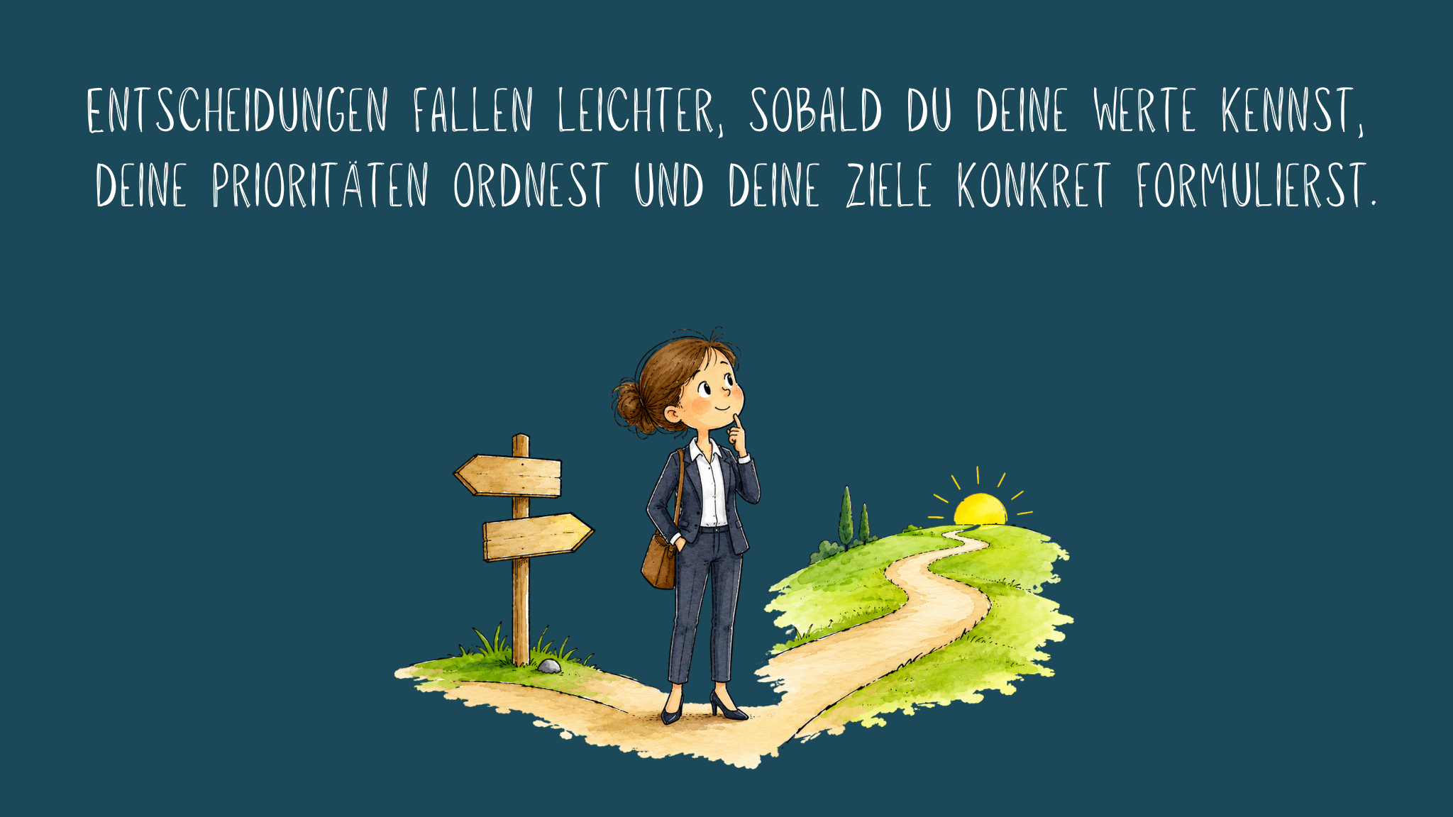 Illustration einer nachdenklichen Frau, die an einer Weggabelung zwischen einem Wegweiser und einem sonnigen, geschwungenen Weg steht. Sie hält eine Hand ans Kinn und blickt nach vorn, als würde sie ihre nächsten Schritte abwägen. Oben auf dunkelblauem Hintergrund steht der Text: „Entscheidungen fallen leichter, sobald du deine Werte kennst, deine Prioritäten ordnest und deine Ziele konkret formulierst.“ Die Illustration symbolisiert, dass Klarheit über persönliche Werte, Prioritäten und Ziele dabei hilft, Entscheidungen bewusster und sicherer zu treffen.