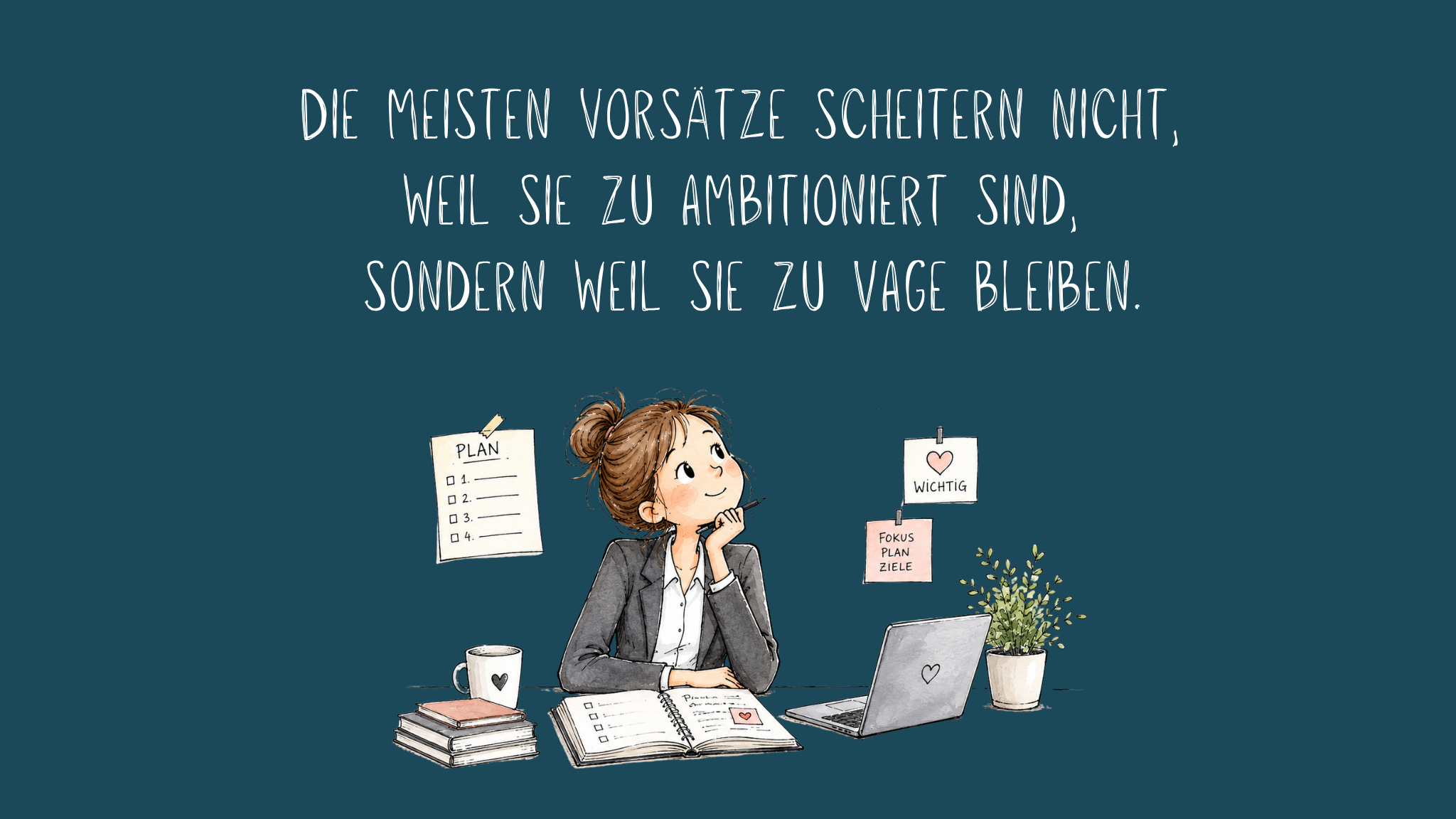 Illustration einer nachdenklichen Frau, die an einem Schreibtisch sitzt und einen Stift in der Hand hält. Vor ihr liegen ein geöffnetes Notizbuch, Bücher, eine Tasse und ein Laptop. An der Wand hängen Notizen mit einem Plan, persönlichen Prioritäten sowie den Begriffen „Fokus“, „Plan“ und „Ziele“. Oben auf dunkelblauem Hintergrund steht der Text: „Die meisten Vorsätze scheitern nicht, weil sie zu ambitioniert sind, sondern weil sie zu vage bleiben.“ Die Illustration verdeutlicht, dass konkrete und klar formulierte Pläne die Umsetzung von Vorsätzen erleichtern.