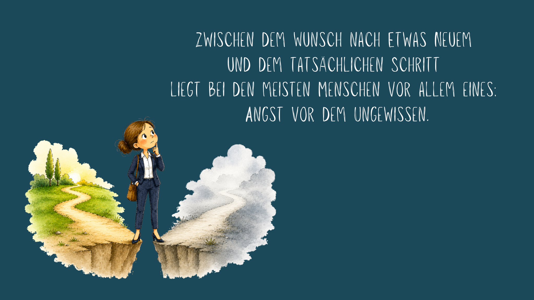 Illustration einer nachdenklichen Frau, die an einer Weggabelung zwischen zwei Landschaften steht. Links führt ein sonniger, heller Weg durch eine grüne Landschaft, rechts verschwindet ein ähnlicher Weg in dichtem Nebel. Die Frau blickt nachdenklich in Richtung des unbekannten Weges. Oben auf dunkelblauem Hintergrund steht der Text: „Zwischen dem Wunsch nach etwas Neuem und dem tatsächlichen Schritt liegt bei den meisten Menschen vor allem eines: Angst vor dem Ungewissen.“ Die Illustration symbolisiert, dass nicht der Wunsch nach Veränderung, sondern die Unsicherheit vor dem Unbekannten häufig den ersten Schritt erschwert.