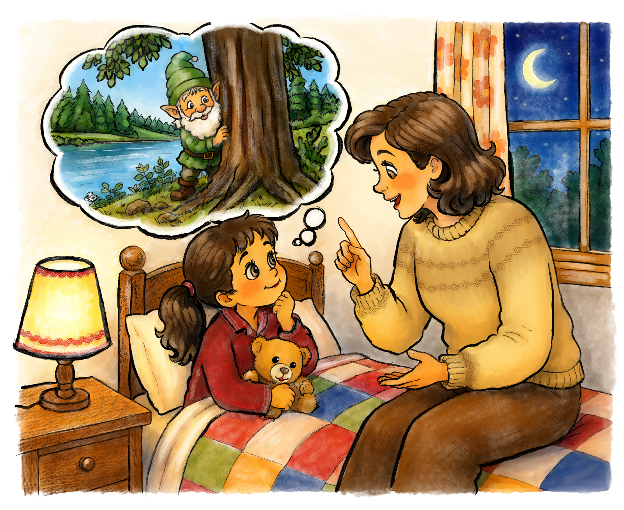 Eine liebevoll illustrierte Szene zeigt eine Mutter, die am Bett ihrer Tochter sitzt und ihr eine Geschichte erzählt. Das Mädchen blickt aufmerksam zur Mutter auf und hält einen Teddybären im Arm. Über ihrem Bett schwebt eine Gedankenblase, in der ein kleiner Wicht hinter einem Baum an einem idyllischen See hervorlugt – ein Sinnbild für die Fantasie, die durch Geschichten entsteht. Das warme Licht einer Nachttischlampe und der Blick auf den Mond durch das Fenster schaffen eine ruhige Abendstimmung. Die Illustration steht für Geborgenheit, Vorlesen und die Kraft von Geschichten, die Fantasie und Vorstellungskraft von Kindern anzuregen.