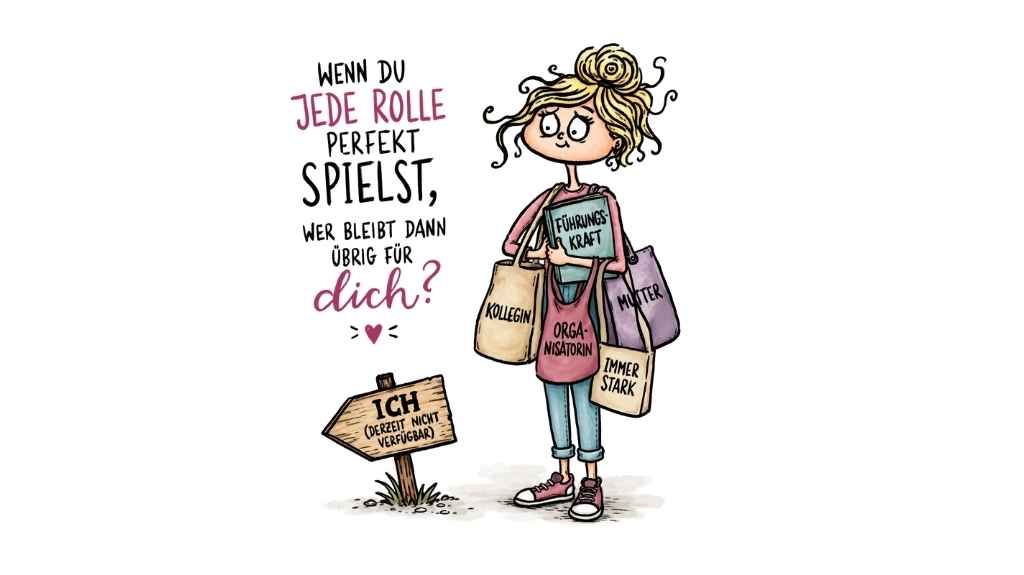 Illustration auf weißem Hintergrund: Eine Frau trägt mehrere Taschen und Ordner mit den Aufschriften „Kollegin“, „Mutter“, „Organisatorin“, „Führungskraft“ und „Immer stark“. Neben ihr zeigt ein Holzschild in eine andere Richtung mit der Aufschrift „ICH – derzeit nicht verfügbar“. Links steht die Frage: „Wenn du jede Rolle perfekt spielst, wer bleibt dann übrig für dich?“ Die humorvolle Illustration thematisiert soziale Rollen, Erwartungen und die Gefahr, die eigenen Bedürfnisse aus den Augen zu verlieren.