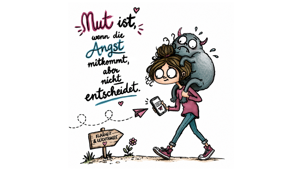 Frau geht mutig voran mit ängstlichem Monster auf der Schulter – Zitat „Mut ist, wenn die Angst mitkommt, aber nicht entscheidet."