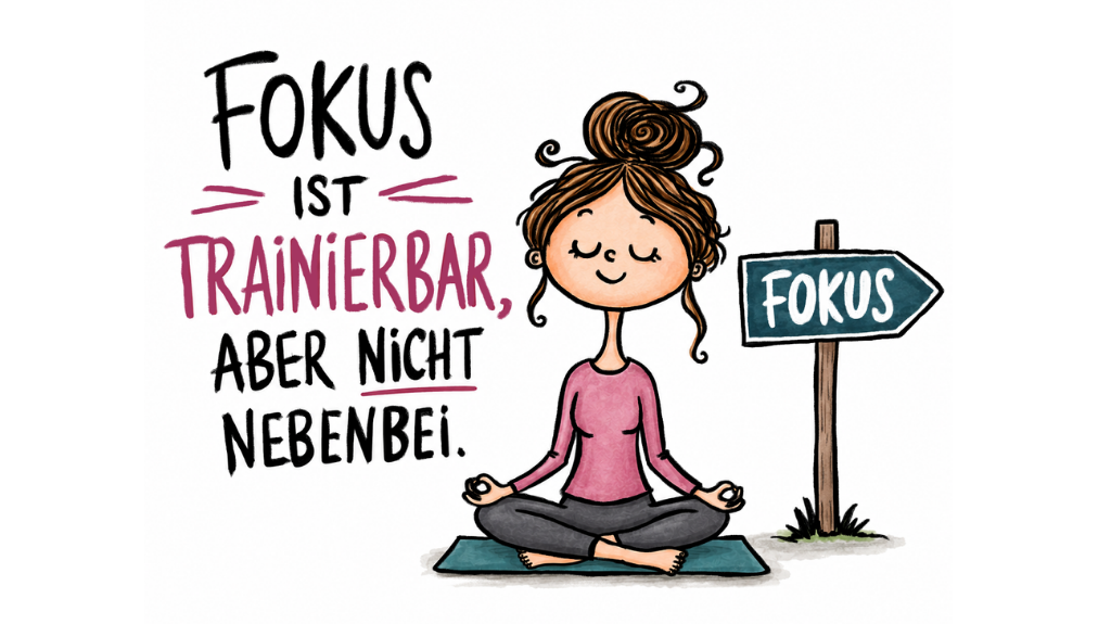 Handgezeichnete Illustration auf weißem Hintergrund: Eine Frau sitzt mit geschlossenen Augen im Schneidersitz auf einer Matte. Neben ihr zeigt ein Wegweiser auf „Fokus“. Links steht in großer Schrift: „Fokus ist trainierbar, aber nicht nebenbei.“
