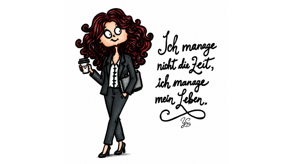 Handgezeichnete Illustration einer lächelnden Geschäftsfrau mit langen, dunkelroten Locken im schwarzen Hosenanzug. Sie hält einen Kaffeebecher in der Hand. Daneben steht in großer Handschrift: „Ich manage nicht die Zeit, ich manage mein Leben.“