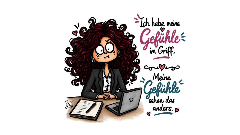 Handgezeichnete Karikatur einer Frau mit langen, lockigen dunkelroten Haaren, die mit Tränen in den Augen an einem Schreibtisch vor Laptop und Notizblock sitzt. Daneben steht der humorvolle Satz: „Ich habe meine Gefühle im Griff. Meine Gefühle sehen das anders.“