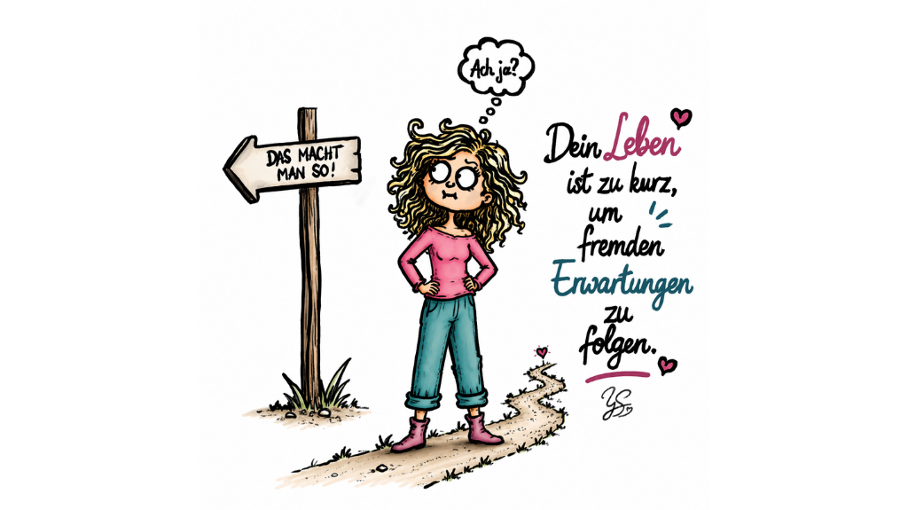 Handgezeichnete Karikatur einer Frau an einer Weggabelung. Sie blickt skeptisch auf einen Wegweiser mit der Aufschrift „Das macht man so!“ und denkt „Ach ja?“. Daneben steht: „Dein Leben ist zu kurz, um fremden Erwartungen zu folgen.“