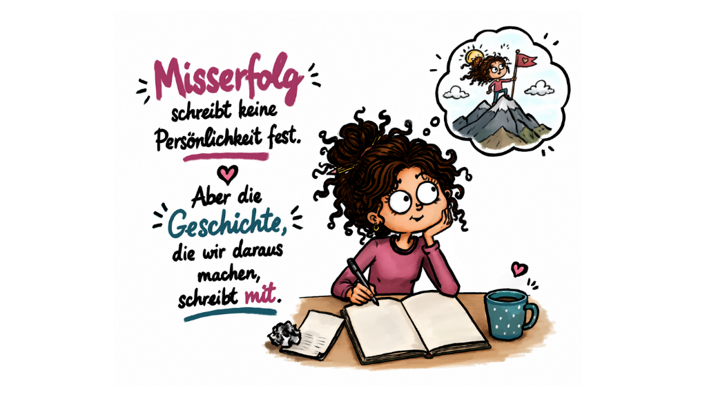 Illustration eines Mädchens mit lockigem braunem Haar, das an einem Holztisch sitzt und in ein aufgeschlagenes Notizbuch schreibt, den Kopf nachdenklich auf die Hand gestützt. Neben ihr steht eine blaue Tasse Kaffee, davor liegt ein zerknülltes Blatt Papier. Eine Gedankenblase zeigt sie selbst als kleine Figur, die eine Flagge auf einem Berggipfel hisst. Links steht der Text: 'Misserfolg schreibt keine Persönlichkeit fest. Aber die Geschichte, die wir daraus machen, schreibt mit."