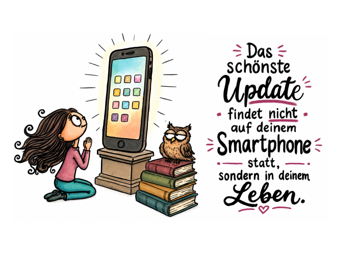 Illustration einer knienden Frau, die ehrfürchtig vor einem übergroßen Smartphone auf einem Sockel sitzt. Daneben beobachtet eine Eule auf einem Bücherstapel die Szene mit skeptischem Blick. Rechts daneben steht in Handlettering der Spruch: „Das schönste Update findet nicht auf deinem Smartphone statt, sondern in deinem Leben.“ Weißer Hintergrund.