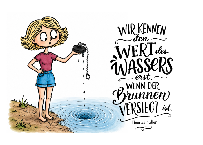Illustration eines jungen Mädchens mit blonden Haaren und Pony, das an einem Seeufer steht, eine Hand in die Hüfte gestützt, in der anderen Hand einen Badewannen-Stöpsel mit Kette hält, aus dem Wassertropfen in einen strudelartigen Abfluss mitten im See fallen. Rechts daneben in handschriftlicher Typografie das Zitat „Wir kennen den Wert des Wassers erst, wenn der Brunnen versiegt ist." mit der Zuschreibung „Thomas Fuller" darunter, verziert mit einer kleinen Schnörkellinie.