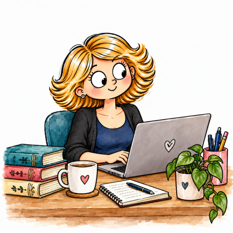 Illustration von Yvonne Schütt, wie sie am Laptop sitzt.