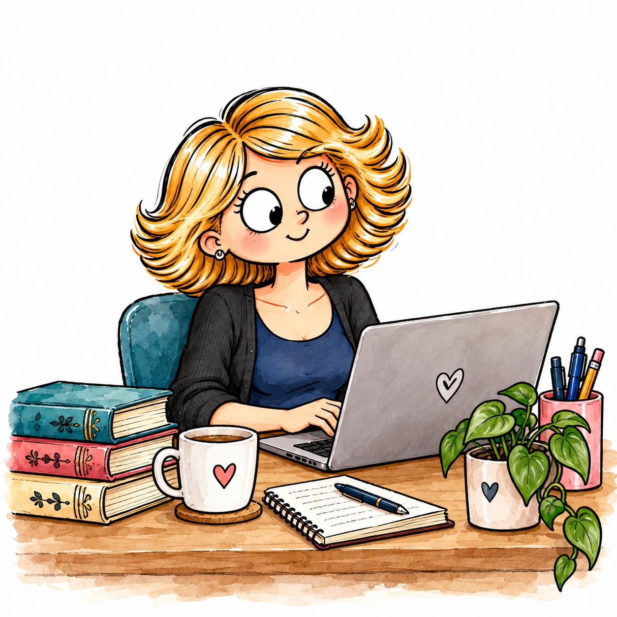 Illustration von Yvonne Schütt, wie sie am Laptop sitzt.