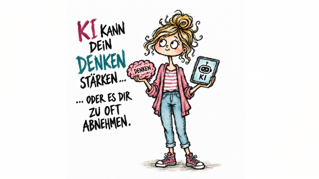Handgezeichnete Illustration auf weißem Hintergrund: Eine Frau hält in der einen Hand ein rosa Gehirn mit der Aufschrift „Denken“ und in der anderen ein Tablet mit einem KI-Roboter. Daneben steht: „KI kann dein Denken stärken … oder es dir zu oft abnehmen.“ Die Illustration ist in einem lockeren, bewusst unruhigen Zeichenstil mit kräftigen schwarzen Konturen gestaltet.