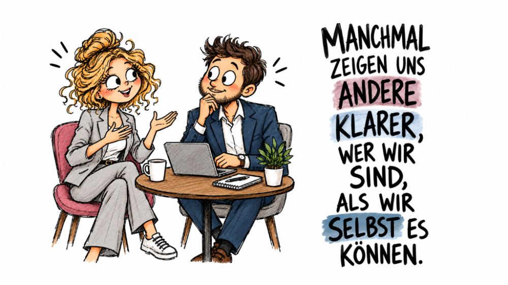 Handgezeichnete Illustration auf weißem Hintergrund: Eine blonde Frau im grauen Hosenanzug und ein dunkelhaariger Mann im blauen Anzug sitzen an einem runden Tisch mit Laptop, Notizbuch, Tasse und Pflanze und unterhalten sich. Rechts daneben steht in großer, handgeletterter Schrift das Zitat: „Manchmal zeigen uns andere klarer, wer wir sind, als wir selbst es können.“ Wichtige Wörter sind farbig hervorgehoben.