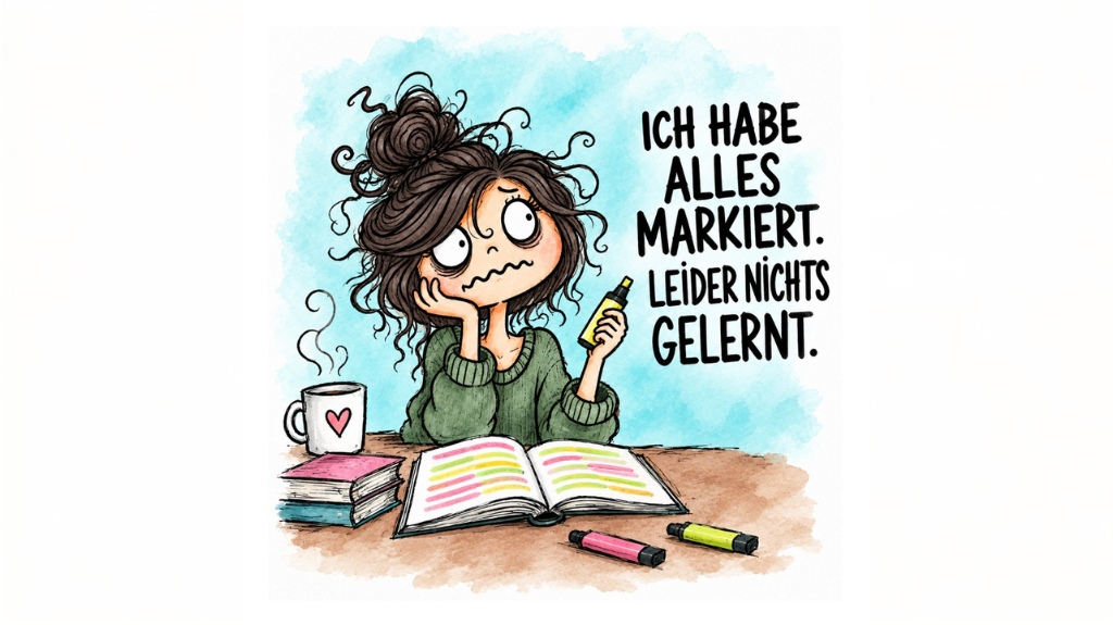 Illustration einer gestressten Schülerin am Schreibtisch mit aufgeschlagenem, bunt markiertem Lernbuch und Text: „Ich habe alles markiert. Leider nichts gelernt.“