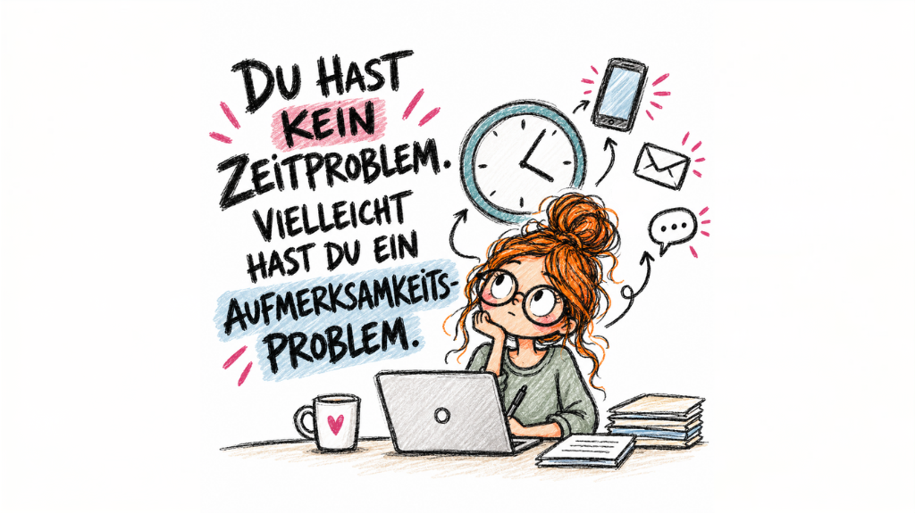 Handgezeichnete Karikatur einer nachdenklichen Frau mit rotem Dutt und großer Brille an ihrem Laptop. Um sie herum schweben eine Uhr, ein Smartphone, eine E-Mail und eine Nachricht als Symbole ständiger Ablenkung. Auf dem Schreibtisch liegen ein kleiner Papierstapel und eine Kaffeetasse. Kräftige schwarze Outlines, lebendige Aquarellfarben und der Schriftzug: „DU HAST KEIN ZEITPROBLEM. VIELLEICHT HAST DU EIN AUFMERKSAMKEITSPROBLEM.“