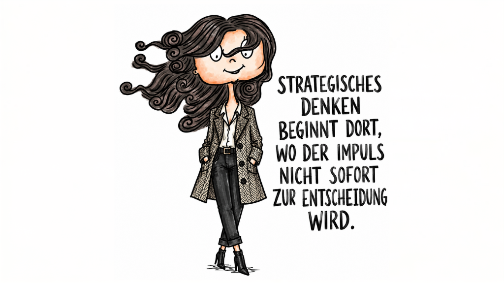Handgezeichnete, satirische Illustration auf weißem Hintergrund: Eine stilisierte Geschäftsfrau mit langem, vom Wind bewegtem dunklem Haar steht lässig mit verschränkten Beinen und den Händen in den Taschen. Sie trägt einen gemusterten Businessmantel, helle Bluse, dunkle Hose und Stiefeletten. Rechts daneben steht in großen, schwarzen handgezeichneten Druckbuchstaben: „STRATEGISCHES DENKEN BEGINNT DORT, WO DER IMPULS NICHT SOFORT ZUR ENTSCHEIDUNG WIRD.“