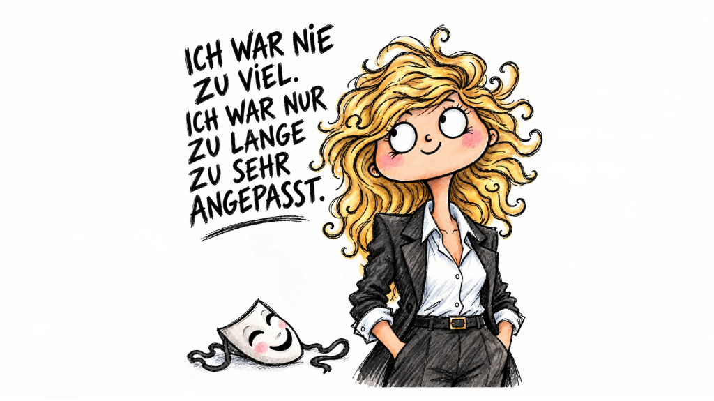 Handgezeichnete, aquarellartige Illustration einer selbstbewussten blonden Businessfrau im schwarzen Anzug. Neben ihr liegt eine abgelegte Maske. Dazu steht das Zitat: „Ich war nie zu viel. Ich war nur zu lange zu sehr angepasst.“