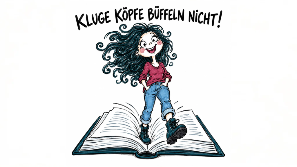 Handgezeichnete Karikatur von Sina mit wilden, petrolfarbenen Locken, beerenrotem Pullover und blauer Jeans. Fröhlich lächelnd steigt sie aus einem riesigen, aufgeschlagenen Buch. Darüber steht der Schriftzug „KLUGE KÖPFE BÜFFELN NICHT!“.