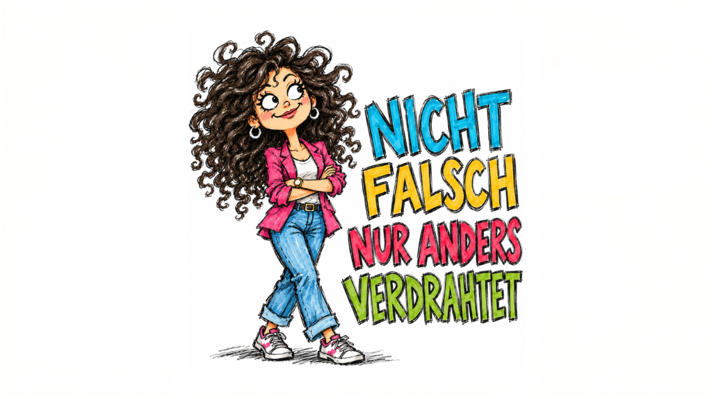 Frau mit Lockenmähne und verschränkten Armen neben dem Schriftzug „Nicht falsch, nur anders verdrahtet“.