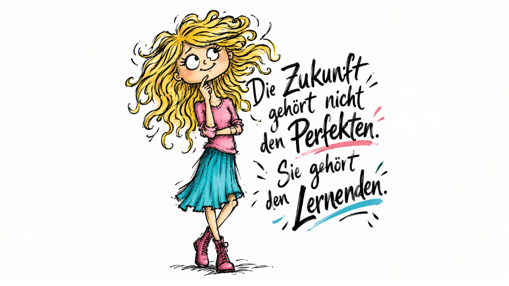 Handgezeichnete Karikatur einer nachdenklichen Frau mit wilden blonden Haaren, rosa Oberteil und türkisfarbenem Rock. Daneben steht: „Die Zukunft gehört nicht den Perfekten. Sie gehört den Lernenden.