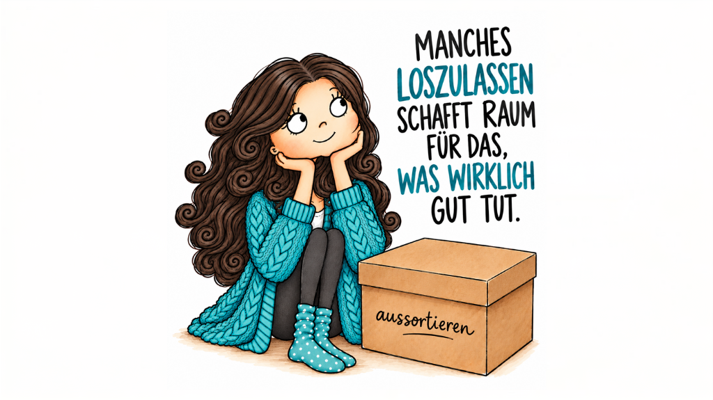 Illustration einer nachdenklichen Frau neben einem Karton mit der Aufschrift „aussortieren“. Daneben steht der Satz: „Manches loszulassen schafft Raum für das, was wirklich gut tut.“