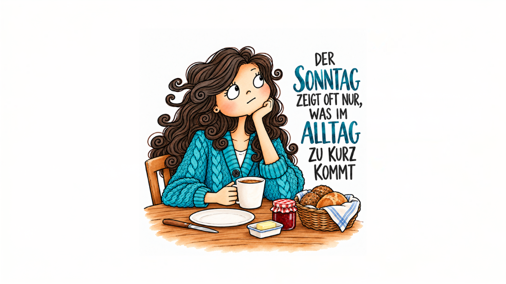 Der Sonntag macht oft sichtbar, was im Alltag zu kurz kommt: Ruhe, Zeit für sich selbst und die eigenen Bedürfnisse. Eine Illustration über Innehalten, Selbstreflexion und bewusste Auszeiten.