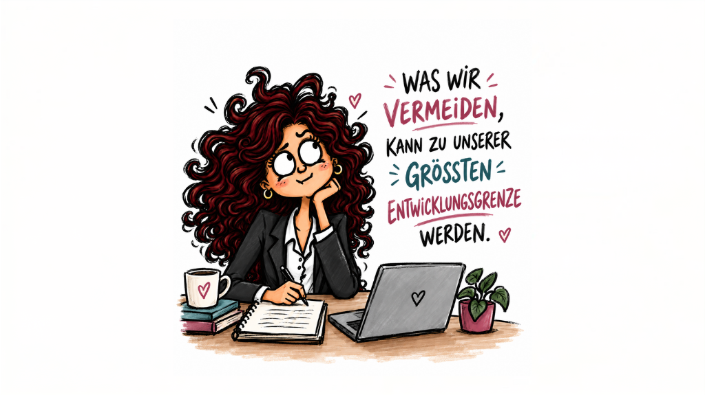 Illustration einer nachdenklichen Frau mit lockigem dunklem Haar an einem Schreibtisch mit Notizbuch, Laptop, Kaffeetasse und Pflanze. Daneben steht der Satz: „Was wir vermeiden, kann zu unserer größten Entwicklungsgrenze werden.“